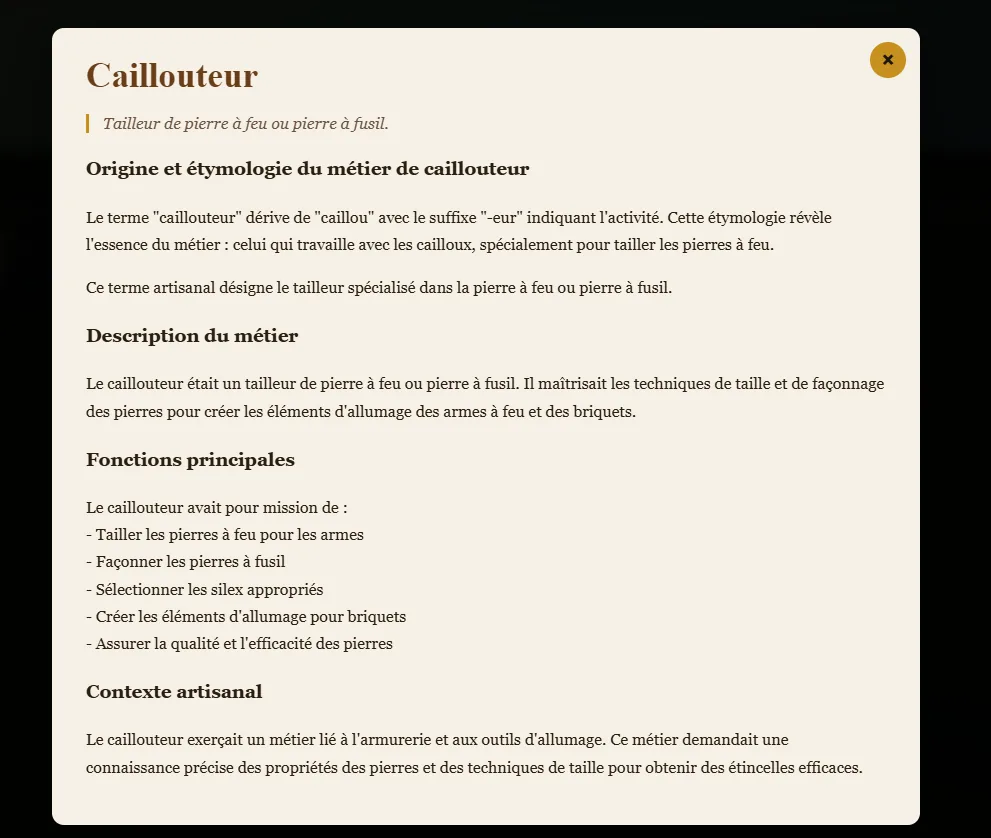Fiche du métier de caillouteur (tailleur de pierre à feu) découverte dans GeneaCarte